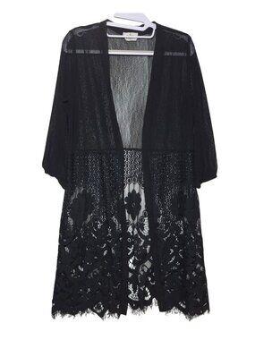 Ember Black Lace Open Front Duster Cardigan Sheer Floral Hem Size S